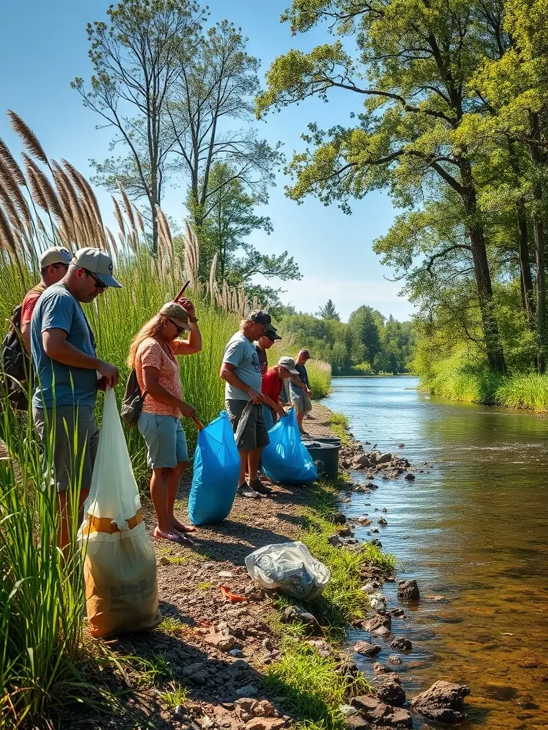 An image of volunteers cleaning up a riverbank, highlighting the organization's commitment to environmental protection.