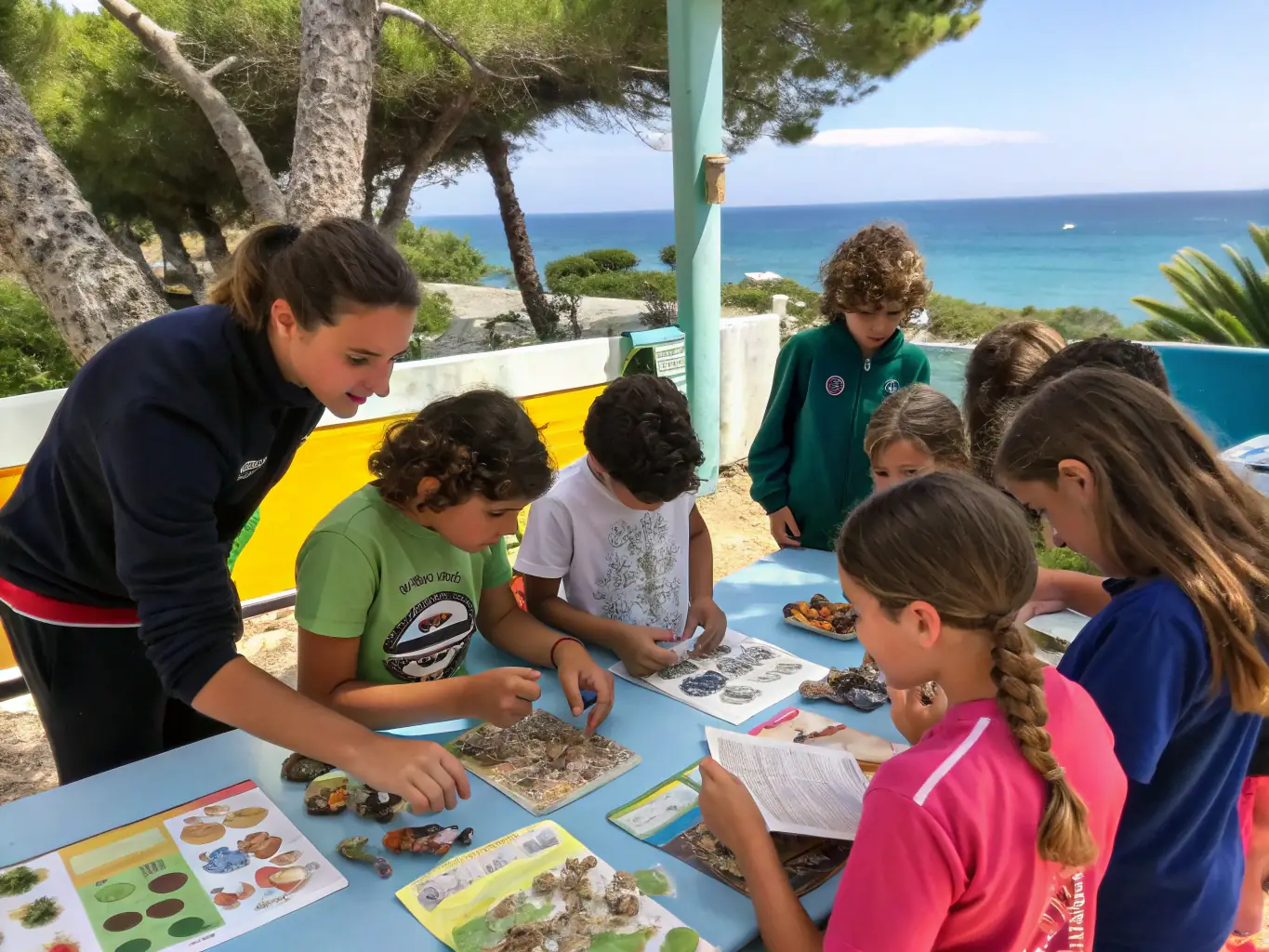 A diverse group of young people participating in an educational workshop on aquatic ecosystems, learning about the importance of biodiversity and conservation.