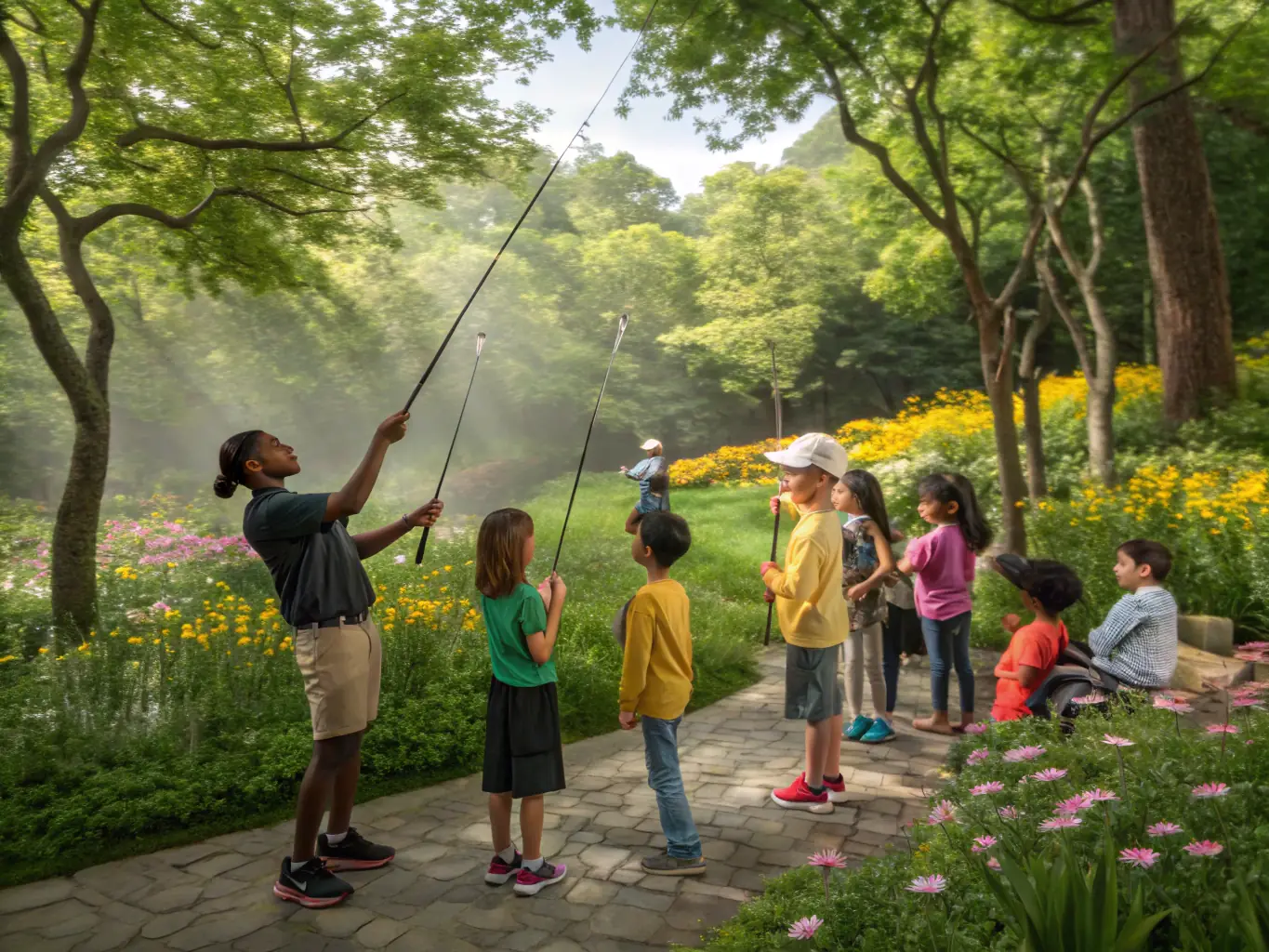 A photo of children participating in a fishing workshop, learning about responsible angling practices and the importance of conservation from experienced instructors.