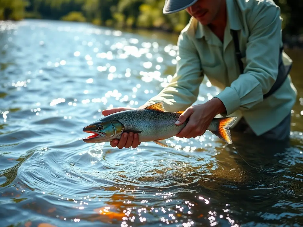 A group of anglers participating in a training session on ethical angling practices, focusing on catch and release techniques in a natural river setting.
