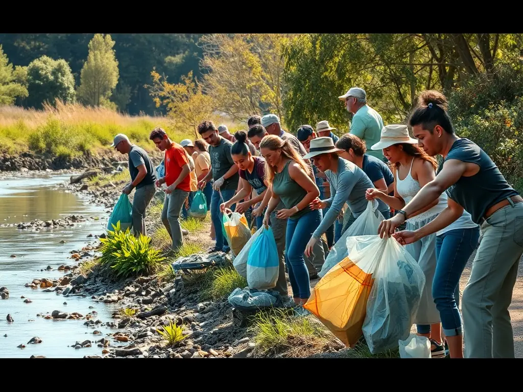 A group of anglers participating in a clean-up event at a local lake, removing trash and debris from the shoreline, showcasing their commitment to environmental stewardship.