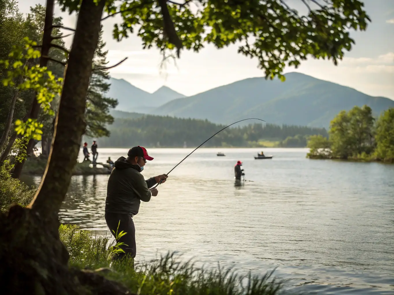 A scenic image of a competitive sport fishing event, showcasing anglers in boats on a calm lake, with focus on the excitement and camaraderie of the competition, and the natural beauty of the surrounding environment.