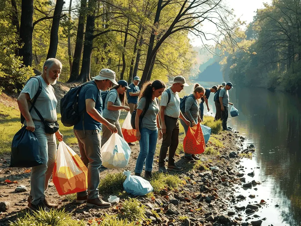 A photo of volunteers cleaning up a riverbank, removing litter and debris, with focus on the positive impact of their efforts on the aquatic ecosystem and the importance of environmental conservation.