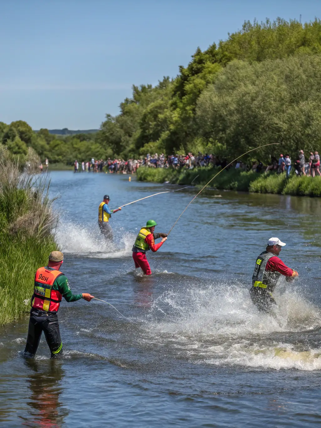 A vibrant image of a group of anglers participating in a competitive fishing event, showcasing the excitement and camaraderie of the sport.