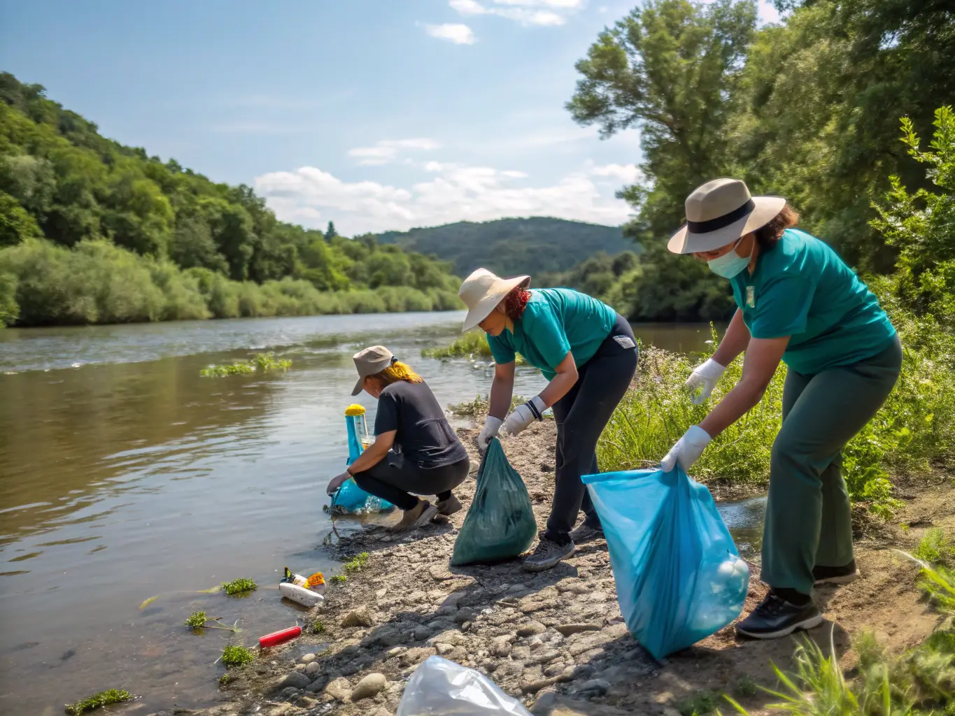 Volunteers cleaning up a riverbank, removing litter and debris to improve the health of the aquatic environment and protect wildlife habitats.