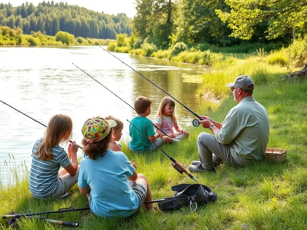 A group of young anglers participating in a supervised fishing workshop, learning about responsible angling techniques and aquatic ecosystem conservation, with an instructor demonstrating proper catch and release methods.
